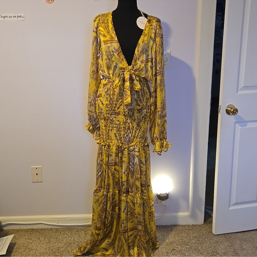 New with Tags!!  Yellow Paisley Tie-Front long sleeve Maxi Dress